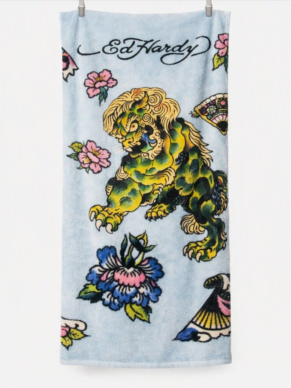 Ed Hardy Printed Cotton Bath Towel – Tattoo Lion & Floral Art